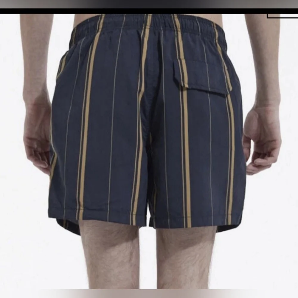 The Kooples Navy Blue & Gold Swim Trunks W/ Stripes & Zip-Up Pockets